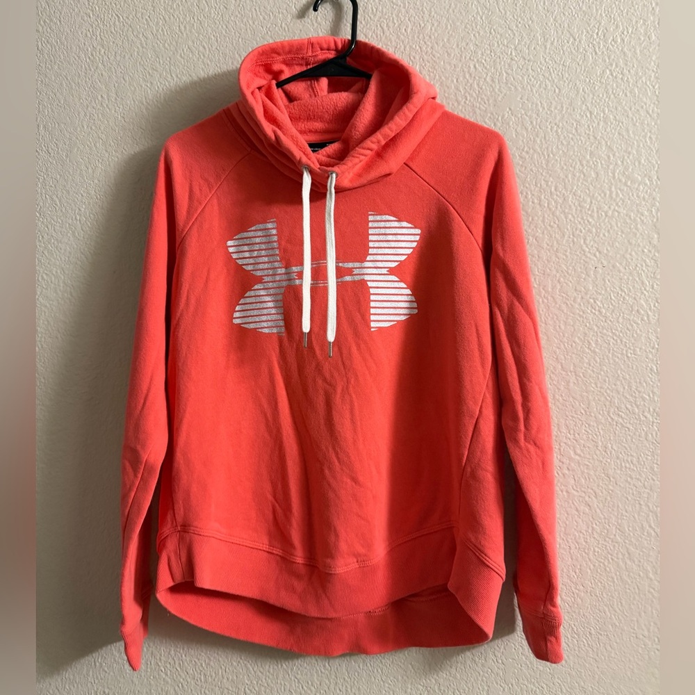 Under Armour Women’s Coral Red Pullover Hoodie with Silver Logo